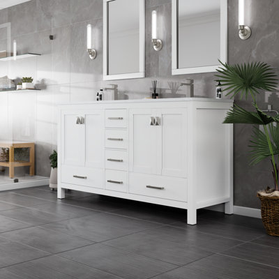Eviva London 60"W X 18"D White Double Sink Bathroom Vanity With White Carrara Quartz Countertop And Undermount Porcelain Sinks