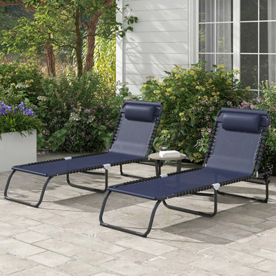 Outsunny Folding Chaise Lounge Pool Chair Set Of 2, Patio Sun Tanning Chair, Outdoor Lounge Chair W/ Reclining Back, Pillow, Breathable Mesh & Bungee Seat For Beach, Dark Blue