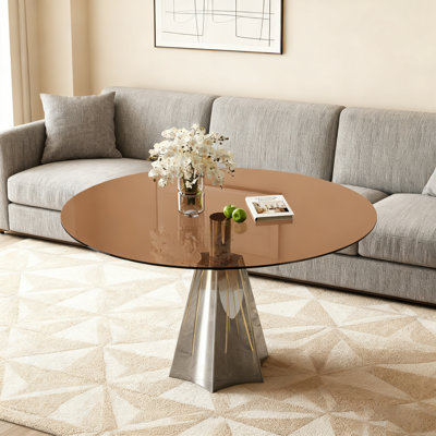 Table de salle à manger ronde, plateau en verre noir moderne Mid-Century et base évasée argentée pour la cuisine et le salon