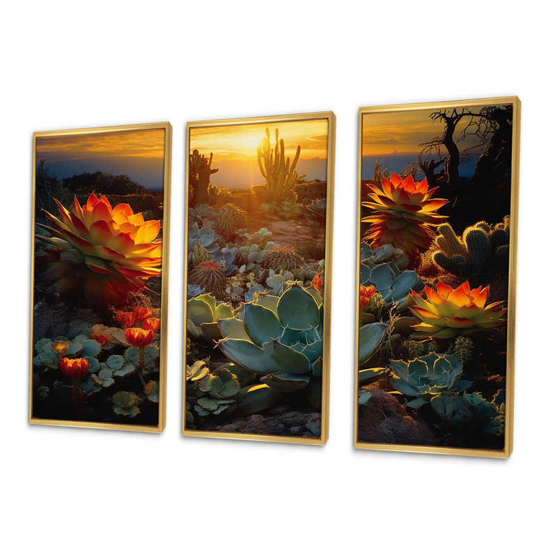 «Succulent Desert Cactus Field Burning Sunset» - ensemble d'art mural succulent, Cadre flottant doré