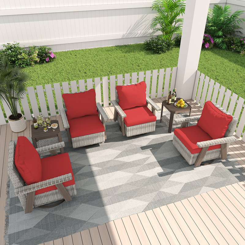 Ensemble de conversation d'extérieur en osier / rotin pour 4 personnes (4 chaises et 2 tables d'appoint), Rouge