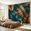 Peel and Stick Wallpaper 69" L x 96" W Modern Self Adhesive Wall Mural for Bedroom - With Golden Teal Tropical Palm Leaves Abstract Print