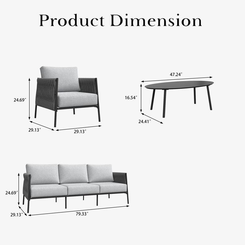 4 Piece Outdoor Furniture Set with Coffee Table, Modern Rope Woven Patio Conversation Sofa Set with Olefin Braid and Deep Seating
