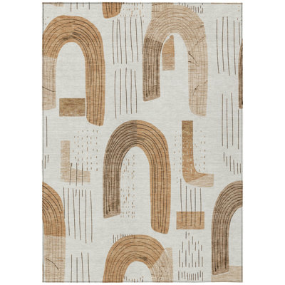 8' X 10' Ivory Khaki And Beige Geometric Washable Indoor Outdoor Area Rug