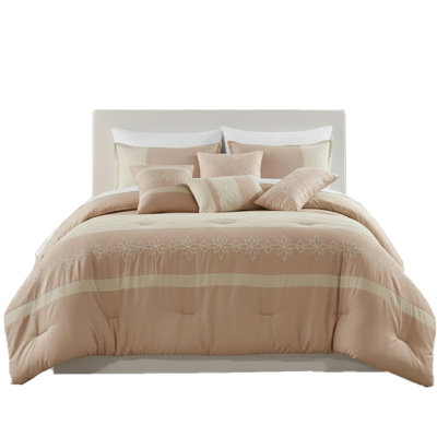 7-Piece Luxury Floral Embroidered Microfiber Comforter Set With Decorative Pillows, Elegant Neutral Tone Bedroom Style, Queen