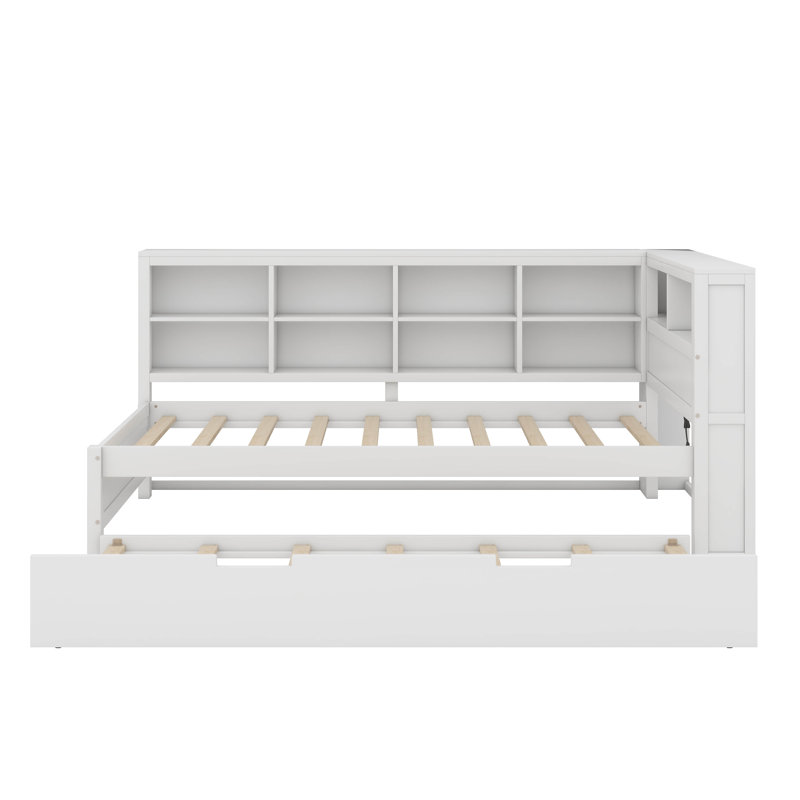 Daybed With Trundle, Shelf And USB Charging Ports, White, Full/Double