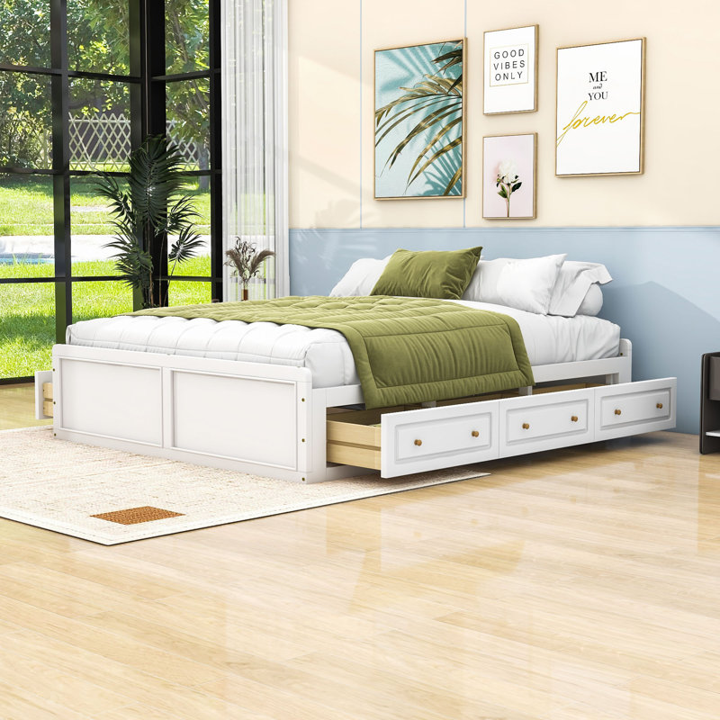 Grand lit plateforme en bois 6 tiroirs, Blanc