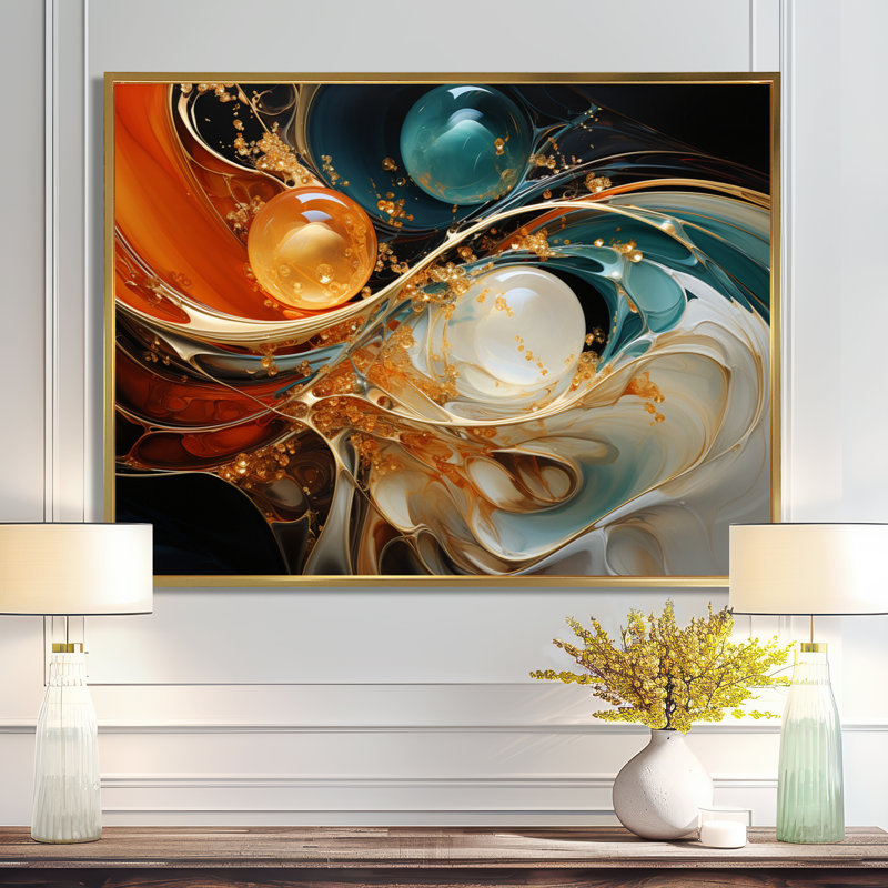 Planètes orange et or I - reproduction d'art sur toile, H 16 po x l 32 po x P 1 po, Cadre flottant doré