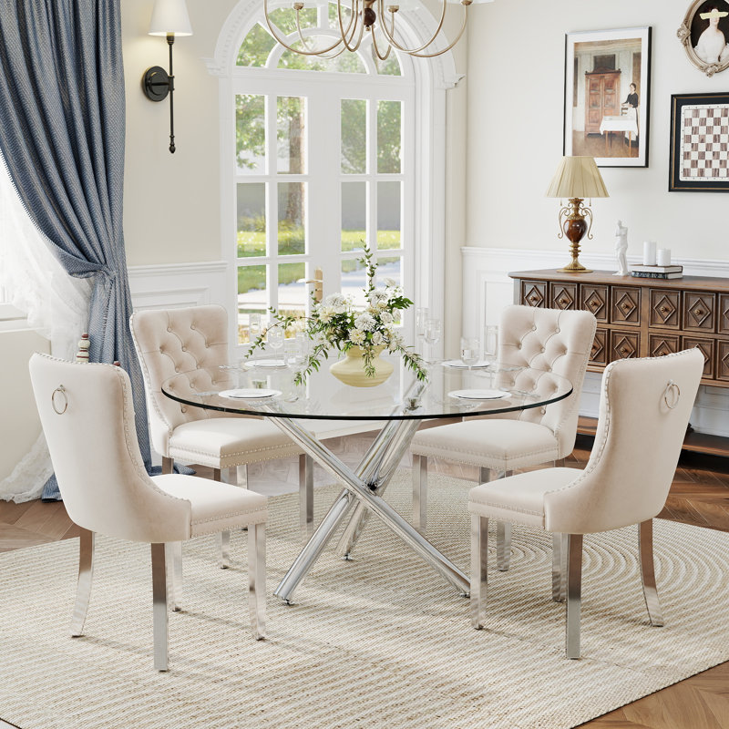 Ensemble de salle à manger à piédestal rond 5 pièces avec chaise capitonnée en velours pour salle à manger et salon, Beige