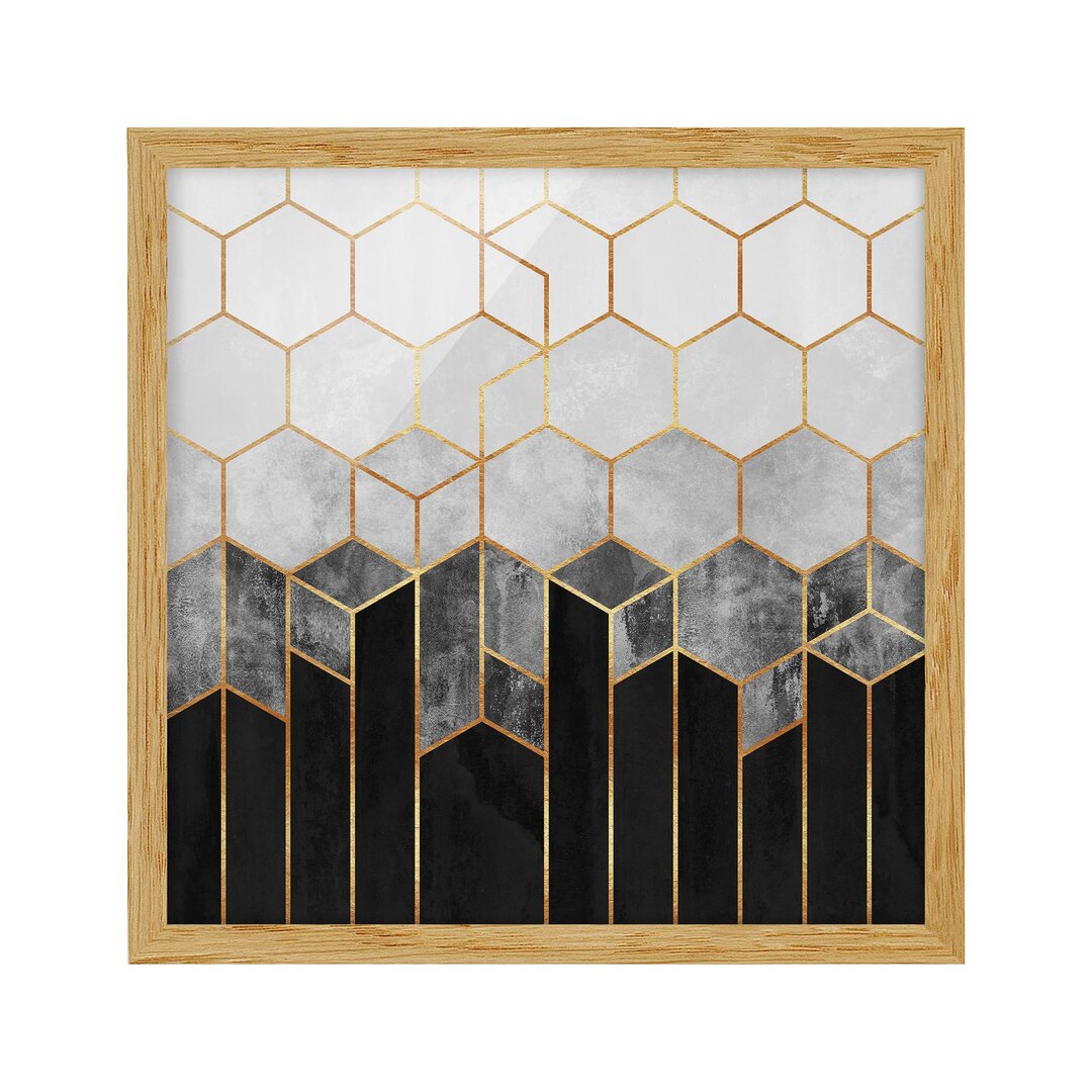 Gerahmtes Poster Golden Hexagons in Schwarzweiß