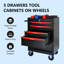 Chariot à outils multifonctionnel à 5 tiroirs - Acier thermolaqué avec roulements à billes et freins de stationnement, rouge et noir