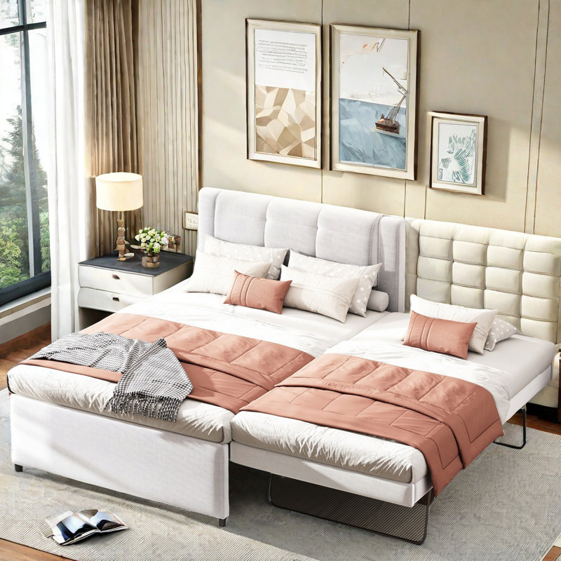 Lit plateforme avec lit gigogne multifonctionnel Velin Upholstery, Beige