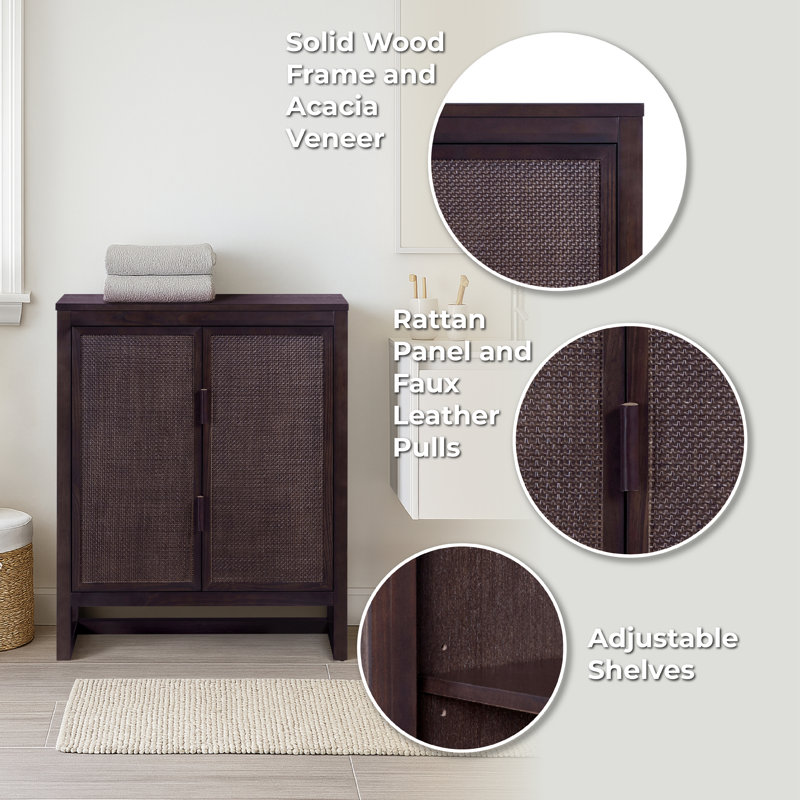 Modern Boho Accent Storage Cabinet with 2 Rattan Inlay Doors, Adjustable Shelves & Solid Wood Frame, Espresso
