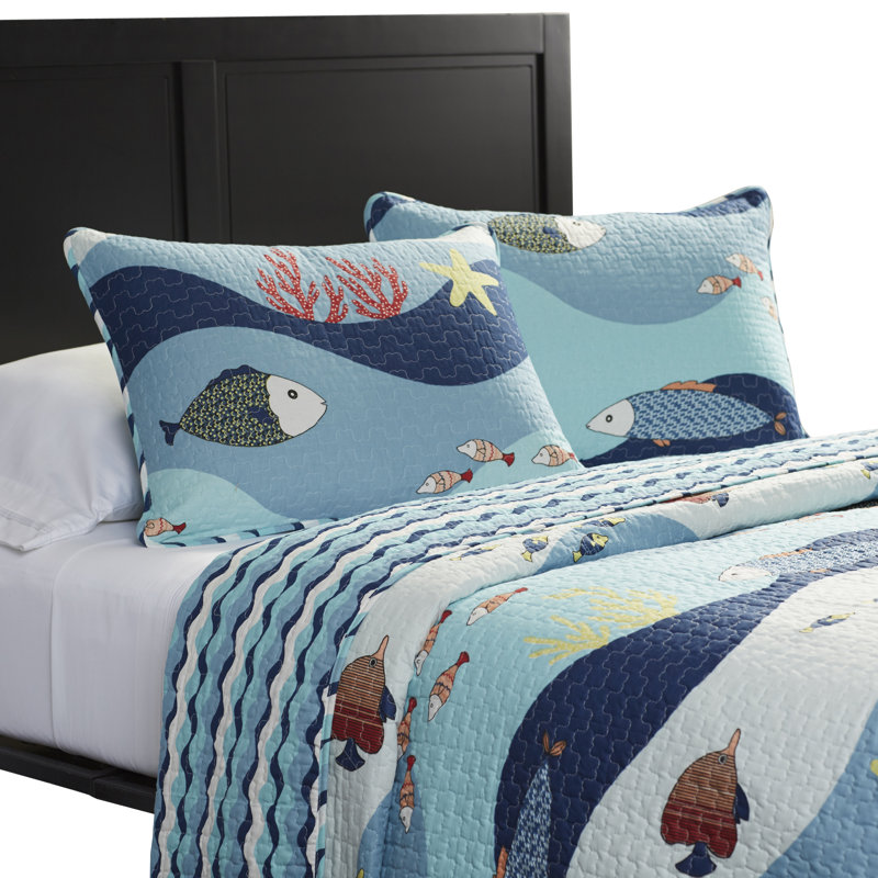 Ensemble de courtepointe réversible Sealife, Courtepointe double / grand + 2 taies décoratives