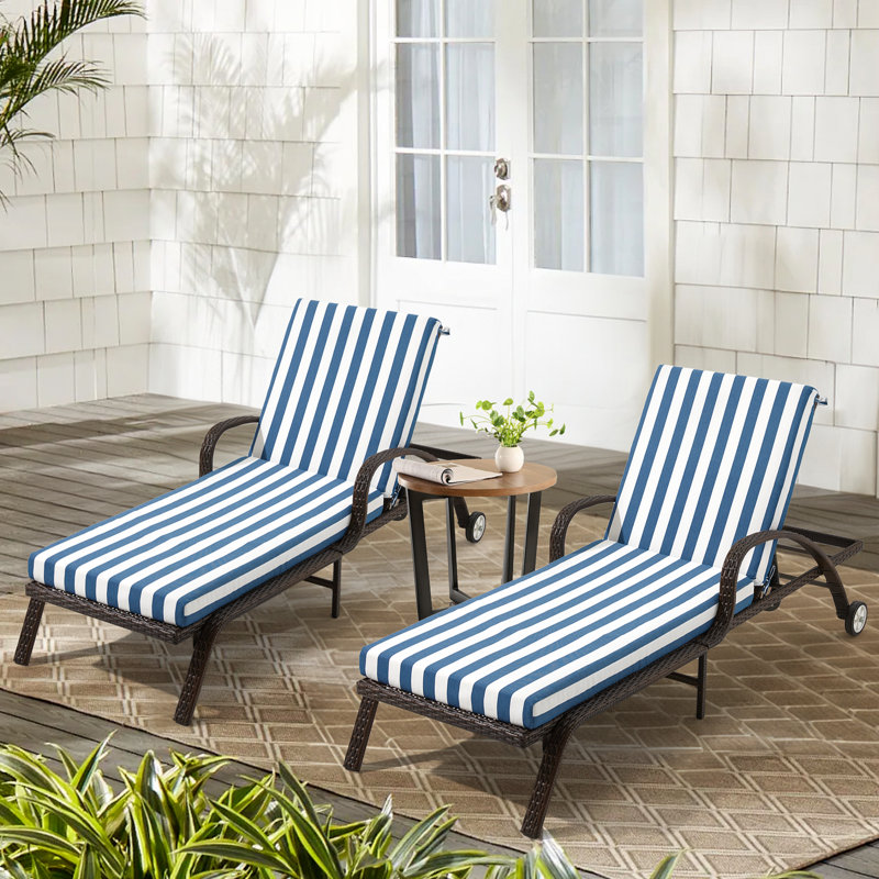 Outdoor Chaise Lounge Chair Cushion, Blue/White Cabana Stripe Linen, 2