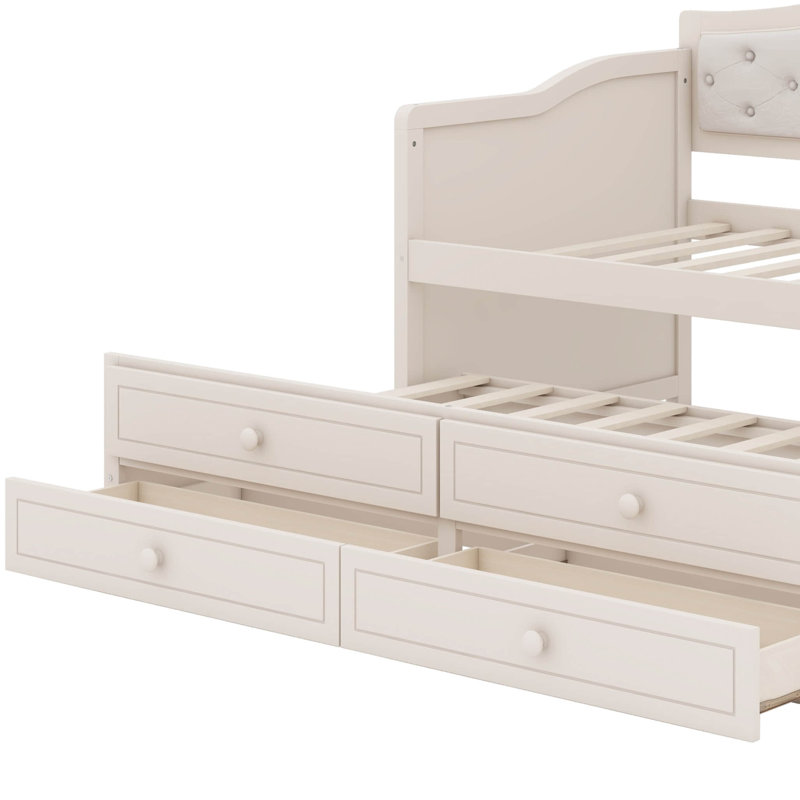 Lit de jour simple avec lit gigogne escamotable, lit de jour avec 2 tiroirs de rangement intégrés, canapé-lit en bois avec dossier capitonné pour le salon