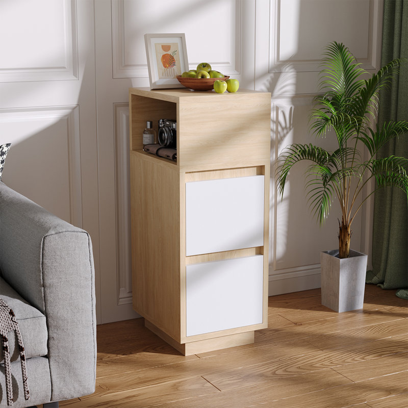 Modern White Wood 2-Drawer Nightstand with Open Shelf – Bedroom Storage Cabinet