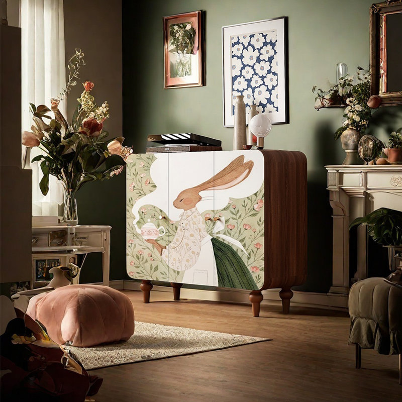 Modern art pattern solid wood sideboard, Nut-Brown