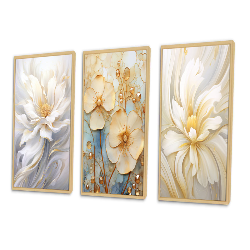 «Dreamy White Digital Spring Flowers», 3 pièces, H 40 po x l 60 po, Cadre naturel flottant