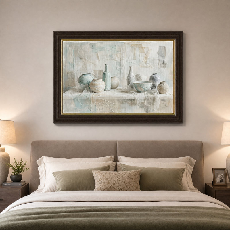 Vases et bols en céramique texturée bleue et beige, tableau sur toile, H 12 po x l 18 po