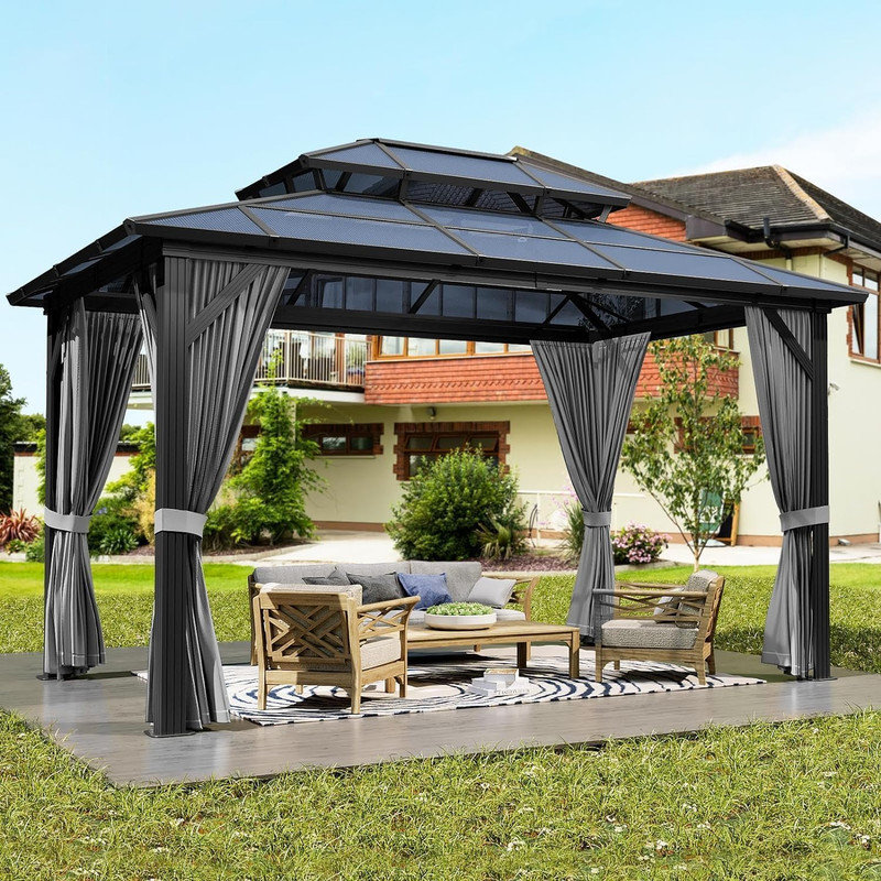 Pavillon de jardin 10 pi x 13 pi - Toit en polycarbonate à double couche, structure en aluminium, rideaux et filet