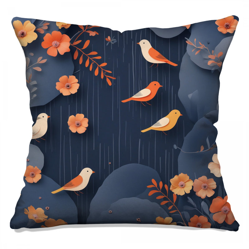 Coussins décoratifs oiseaux et fleurs orange, 16 x 16 pouces