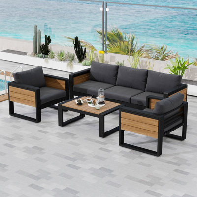 4-Piece Outdoor Patio Conversation Set with Sofa, 2 Chairs, Coffee Table, Aluminum Frame and Cushioned Seating