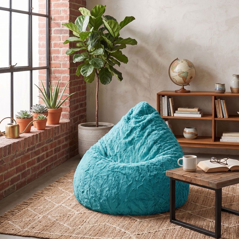 Fauteuil à billes et chaise longue Fluffy, Polyester fausse fourrure turquoise