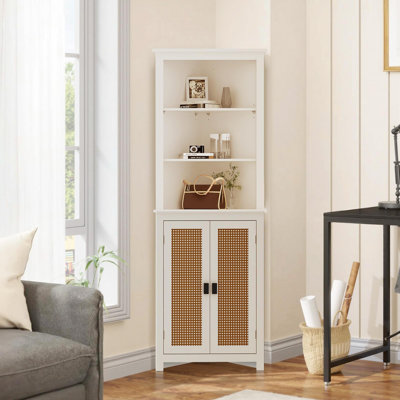 Armoire d'angle 63,8 po avec tablettes réglables, portes en rotin et rangement peu encombrant pour le salon