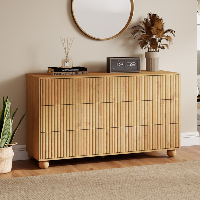 Ashford Fluted 47.2"W Dresser with 6 Drawers, Wooden Chest of Drawers with Rebounder, Natural Oak