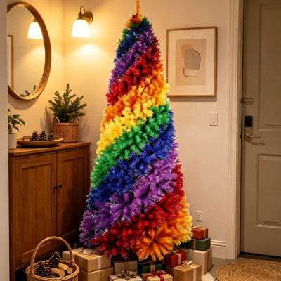 Arbre de Noël artificiel en forme d'arc-en-ciel de 7,5 pi - 1825 pointes colorées en PVC avec un design tourbillonnant unique, un décor de vacances complet et luxueux pour les appartements, les chambres d'enfants et les intérieurs modernes