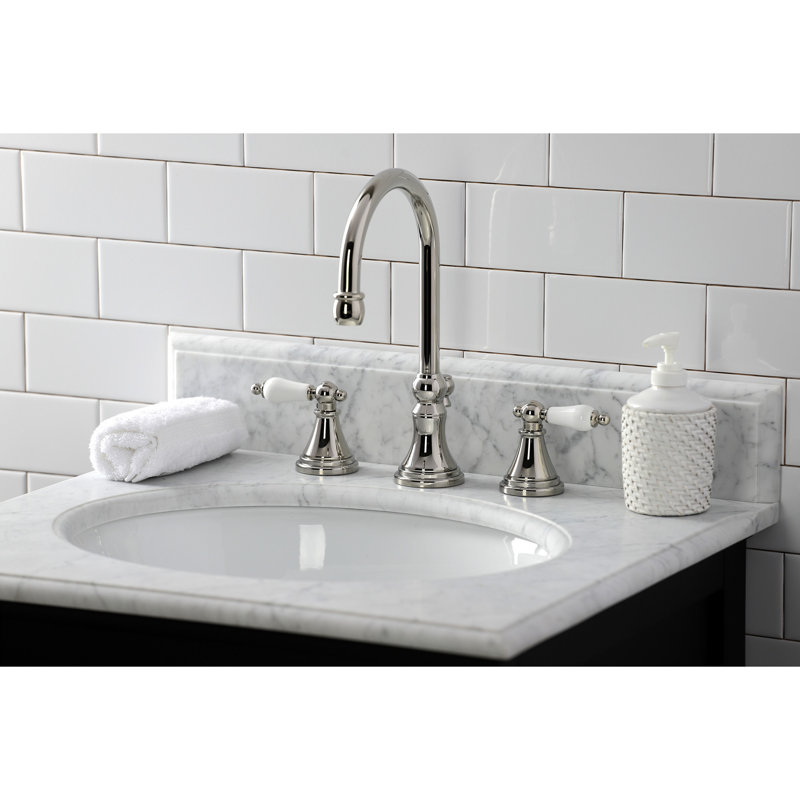Kingston Brass Governor Two-Handle 3-Hole Deck Mount Widespread Bathroom Faucet with Brass Pop-Up Drain, Polished Nickel