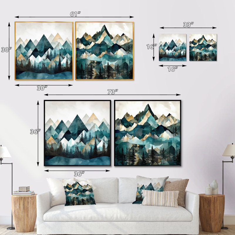 Minimalisme Winter Mountains - ensemble de 2 collages de formes abstraites carrées, Cadre flottant doré, H 36 po x l 73 po