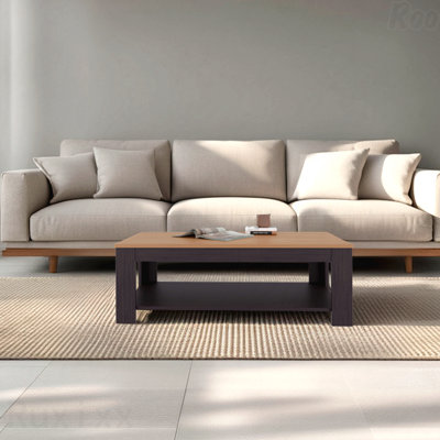 Table basse H 16,2 po avec finition en chêne naturel wengé noir à 1 tablette pour le salon