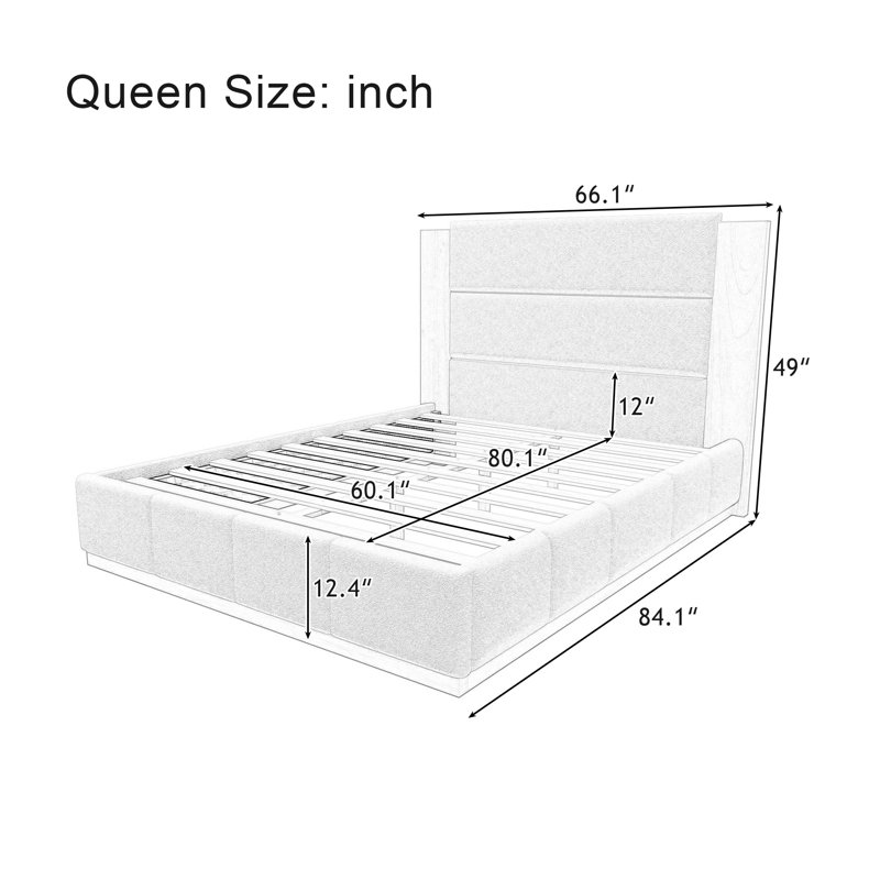 Structure de lit plateforme tapissier avec tête de lit en bois allongée, Gris, Grand lit