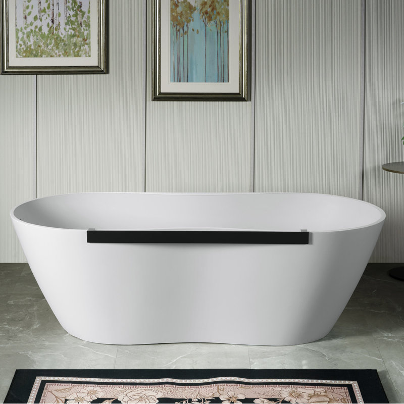 71"L x 31-1/2" W Luxury Contemporary Peanut-Shaped Solid Surface Stone Resin Freestanding Bathtub in Matte White, including Towel Rack 
