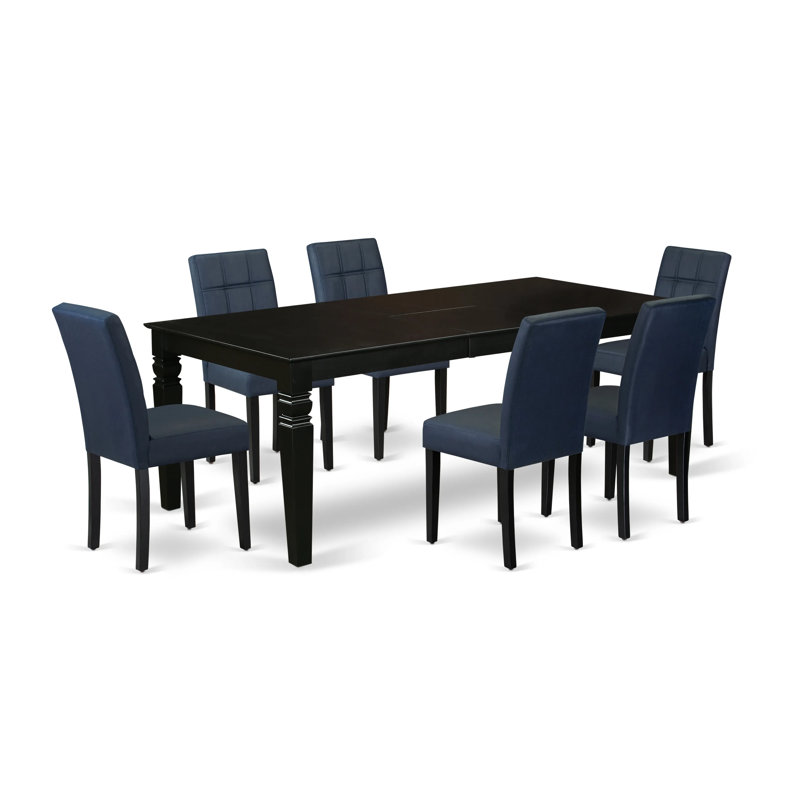 L'ensemble de table de salle à manger 7 pièces se compose d'une table en bois et de 6 chaises de salle à manger Modren en tissu bleu marine foncé avec dossier élégant - finition noire