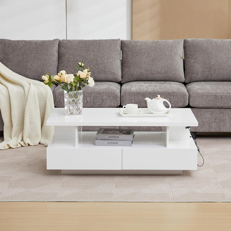 Modern LED High Gloss Coffee Table - 4 Drawers & Open Shelf | Rectangular Wood Centre Table with Storage for Living Room
