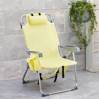 Chaise de plage en aluminium jaune souple avec revêtement en polyester 600D, 5 positions d'inclinaison, assise haute et porte-gobelet