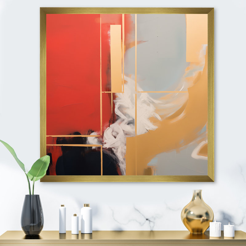 Jaune et rouge, expression abstraite - art mural abstrait, Cadre doré simple, H 30 po x l 30 po x P 1,5 po