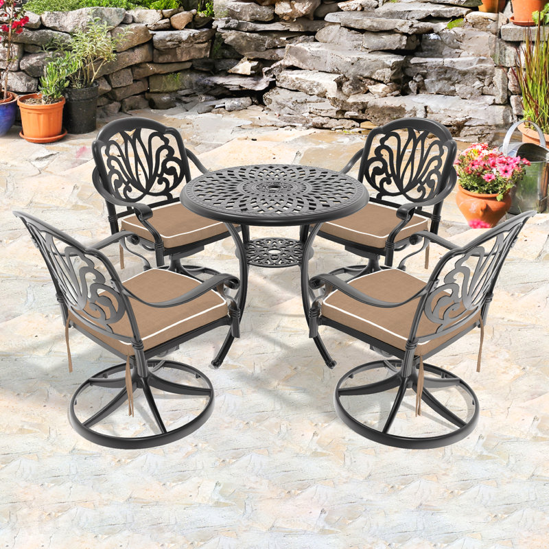 Ensemble de salle à manger 5 pièces en fonte d'aluminium toutes saisons comprenant 4 chaises pivotantes et une table ronde de 30,71 po avec structure noire