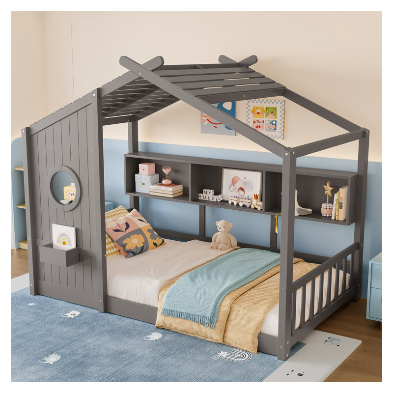 Twin Size Montessori Floor House Bed for Toddler - Kids Playhouse Bed with Roof Design and Storage Shelf, Gray Wooden Toddler Bed