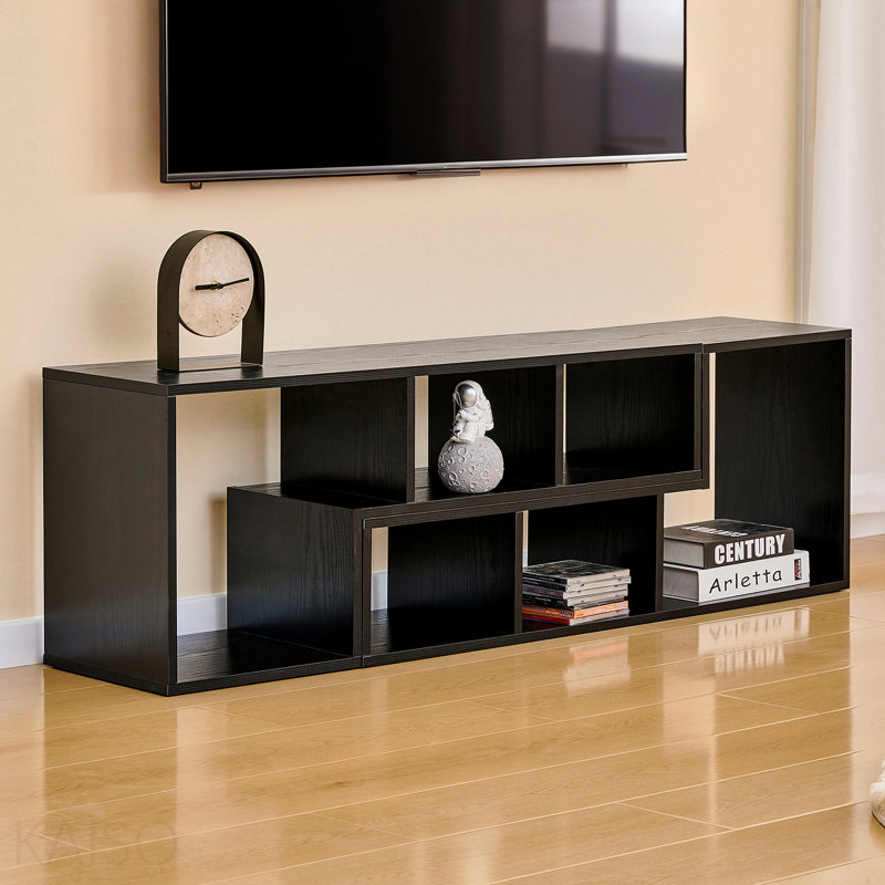 Meuble télé moderne en bois MDF à grain de bois noir, console multimédia extensible et personnalisable, centre de divertissement à combinaison libre avec tablettes de rangement ouvertes pour le salon, la chambre à coucher et le bureau
