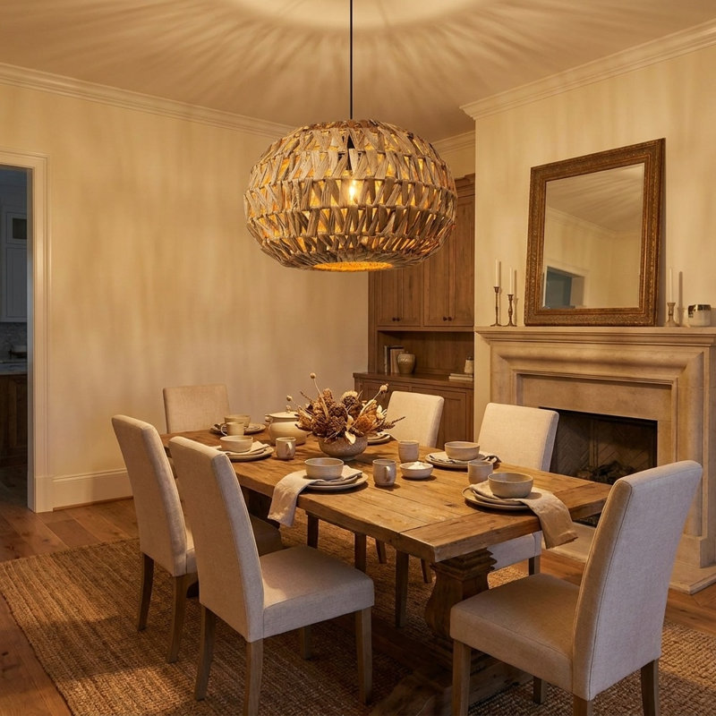 Luminaire suspendu en rotin naturel Hantek, plafonnier suspendu Boho tissé 15 po, douille E26, luminaire de style campagnard nordique pour îlot de cuisine