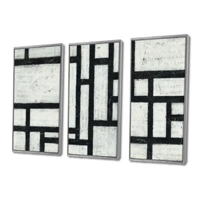 Labyrinthe noir et blanc géométrique - ensemble d'art moderne encadré sur toile Mid-Century