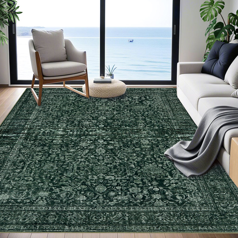 Tapis bohème floral rétro lavables, Rectangle 5' x 7', Green
