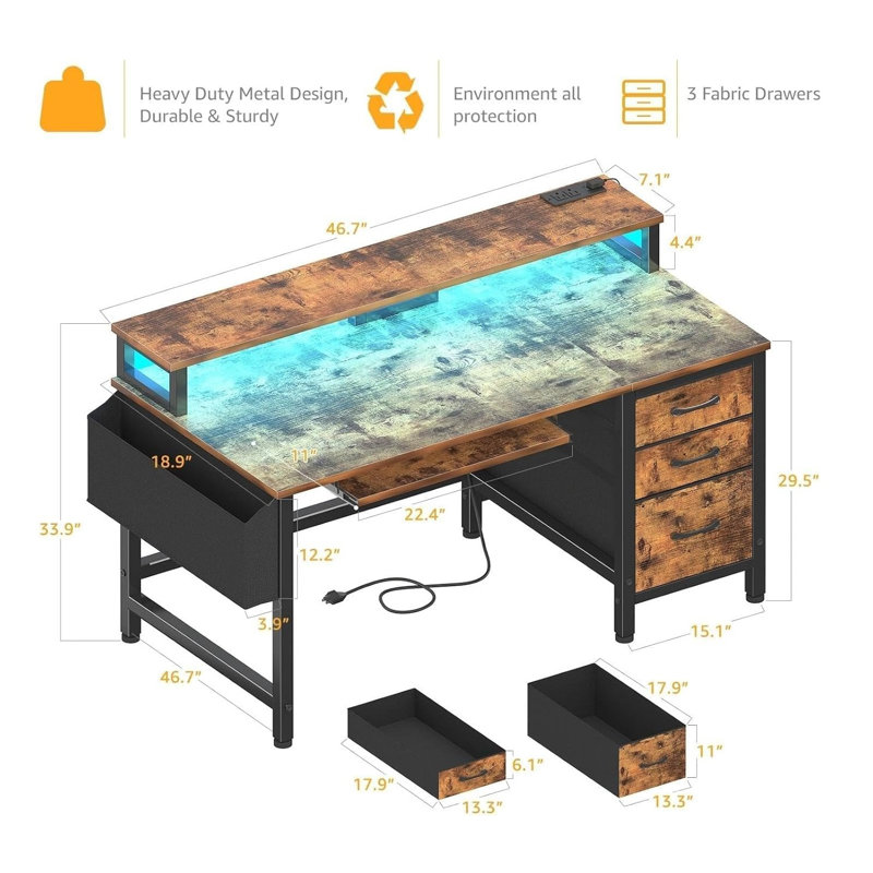 Brown Office Desk With File Cabinet - Computer Desk With Keyboard Tray Drawers Storage Monitor Stand
