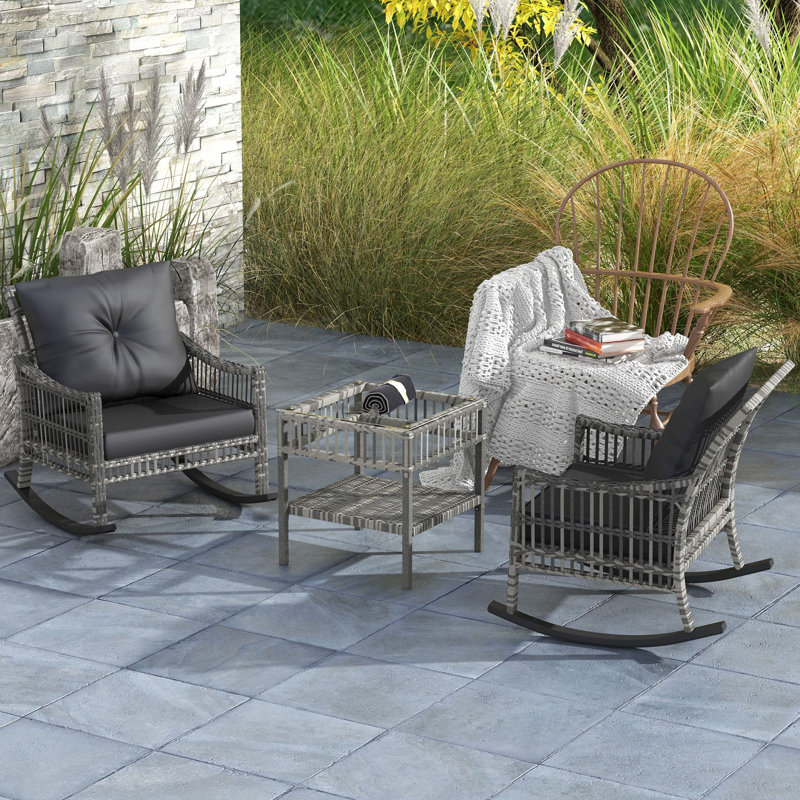 3-Piece Outdoor Rocking Chair Set, 28" H Rockers with Cushions, 19.3" H Glass Coffee Table, Gray