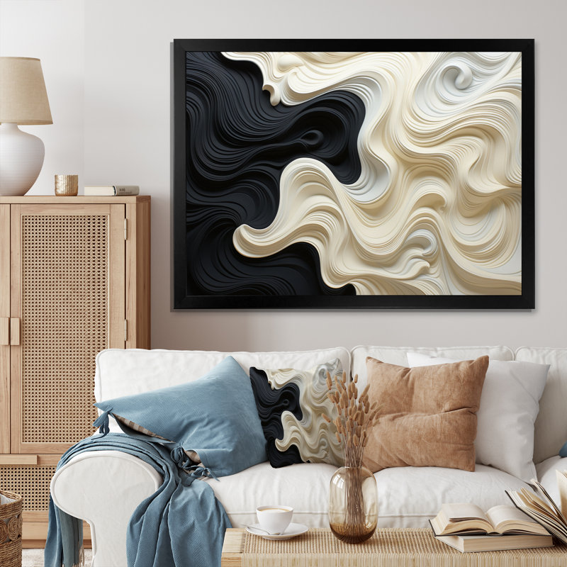 Noir blanc opt art contrastant des vagues - art mural Op Art, H 34 po x l 44 po, Cadre photo unique, Noir