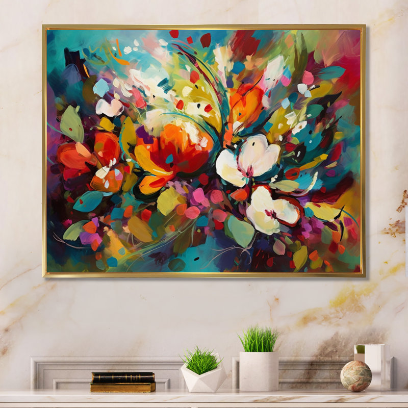 Rynette Red Vibrant Garden Symphony III On Canvas Print, 16" H x 32" W x 1" D, Gold Floater Framed